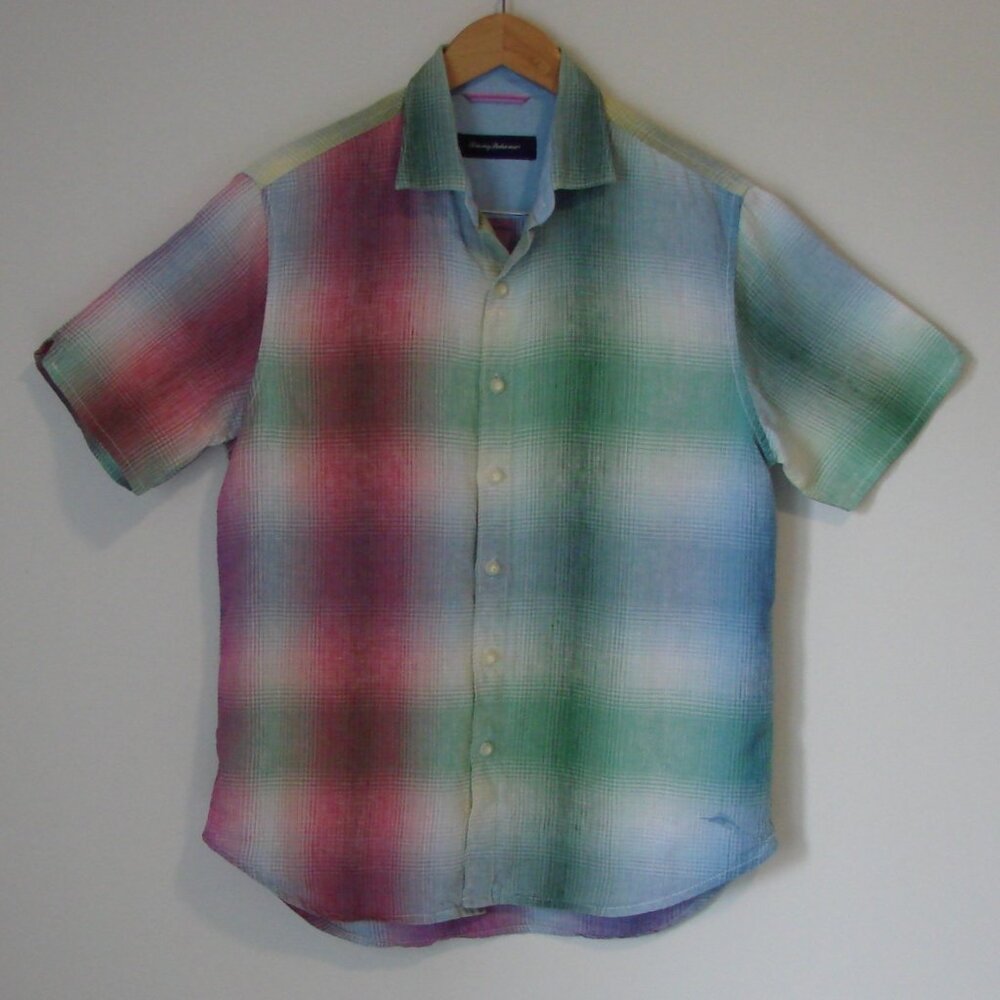 Tommy Bahama Linen Shirt Green Blue Plaid Short Sleeve Button Front Size Small